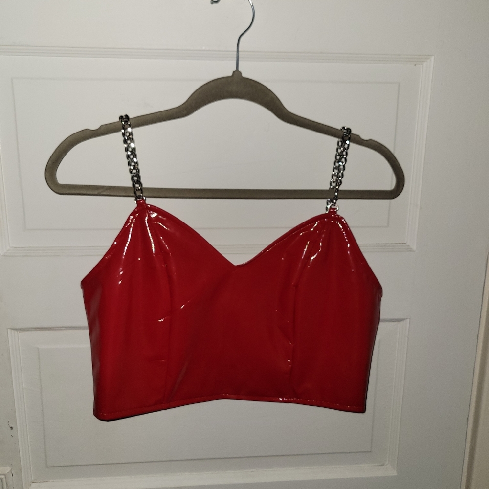 Red leather chain crop top